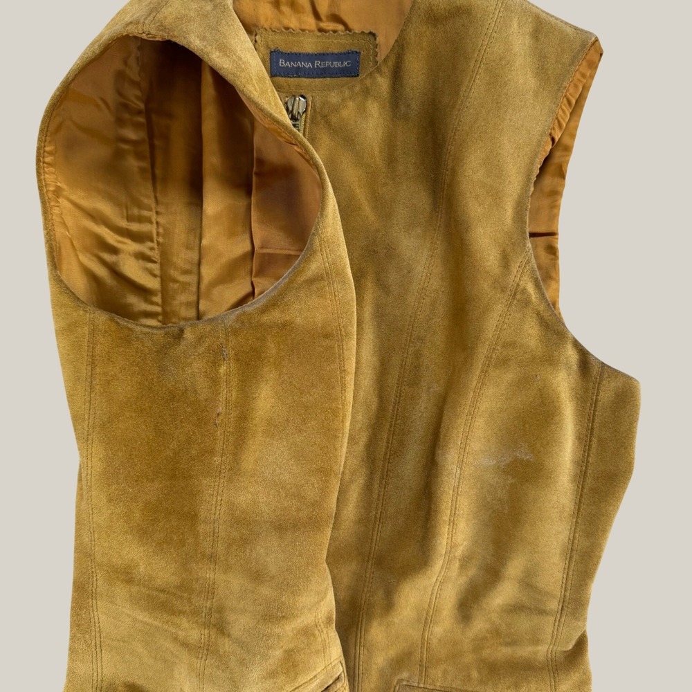 Vintage Banana Republic Suede Leather Vest Womens 4 Mustard Yellow Zip Front - Picture 5 of 12